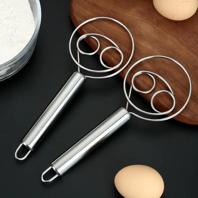 Danish Dough Whisk Dutch Style Stainless Steel Bread Dough Hand Mixer Binocular Coil Head Comfort Handle for Biscuits Bread Cake